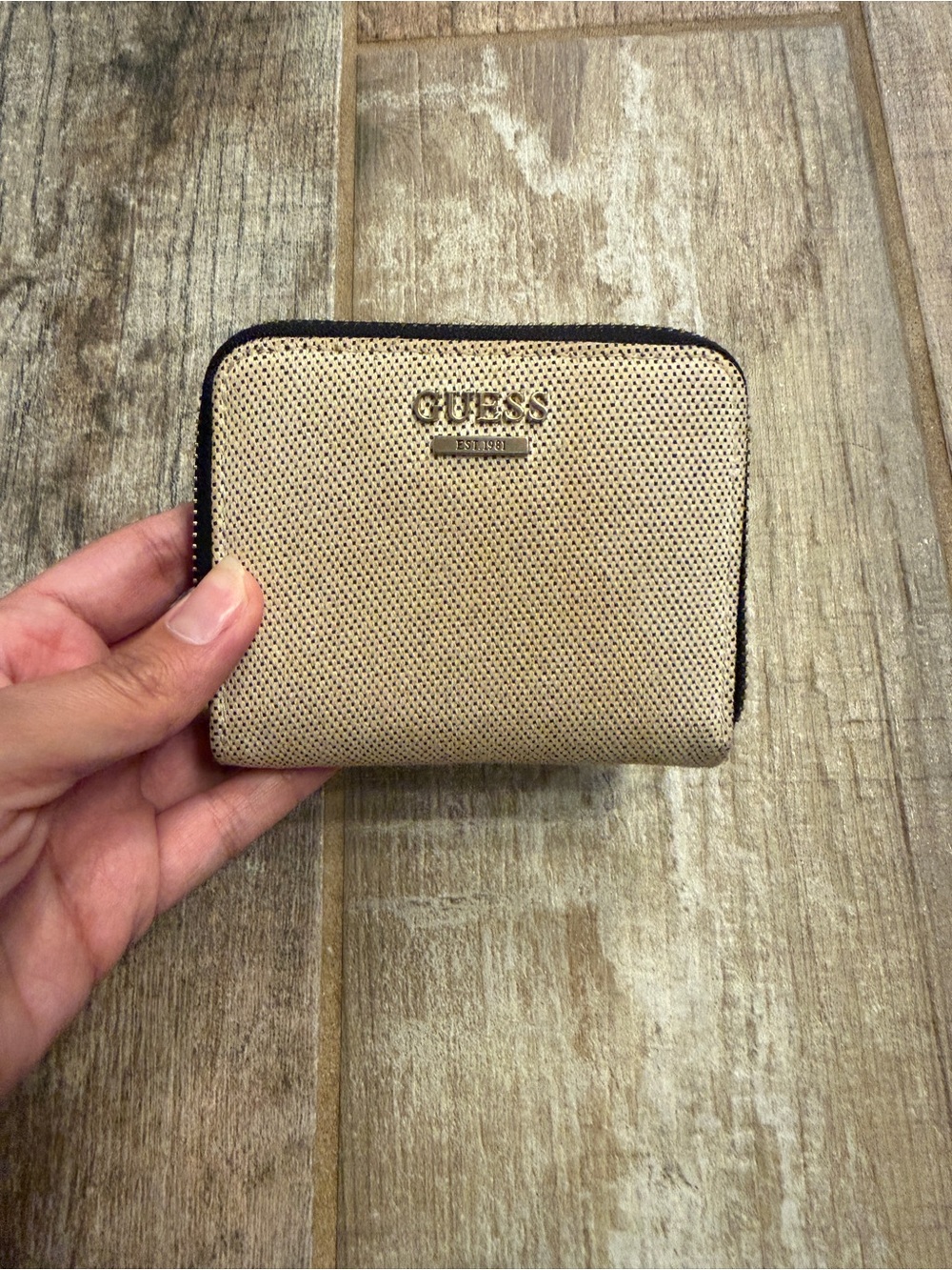 Guess Tan Canvas and Black Leather Zip Wallet
